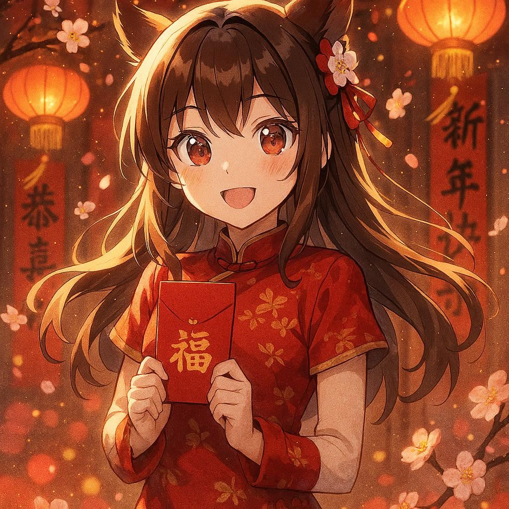 Anime‑style Lunar New Year illustration, cute anime girl in festive red outfit, holding a red envelope with a warm smile, glowing lanterns, gold sparkles, soft pink and red bokeh, fluttering plum blossoms, gentle rim light, dynamic hair flow, festive couplets in the background, warm cinematic lighting, joyful New Year atmosphere, high‑quality anime shading, crisp line art, vibrant colors, premium celebratory aesthetic